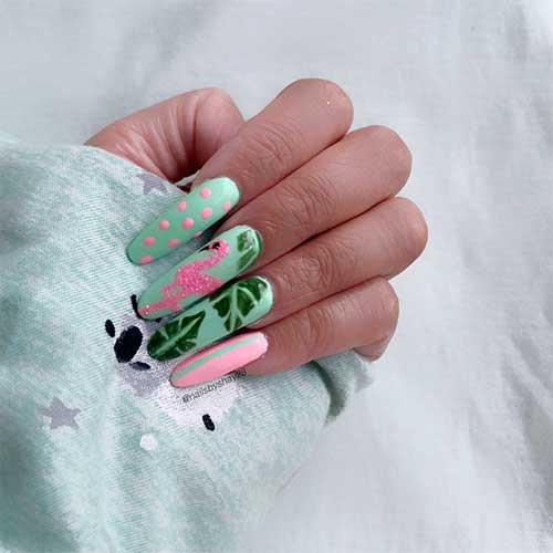 mint green summer nails, mint green almond shaped nails set with flamingo nails 2020 design