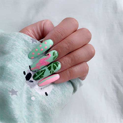 mint green summer nails, mint green almond shaped nails set with flamingo nails design mint green summer nails, mint green almond shaped nails set with flamingo nails 2020 design