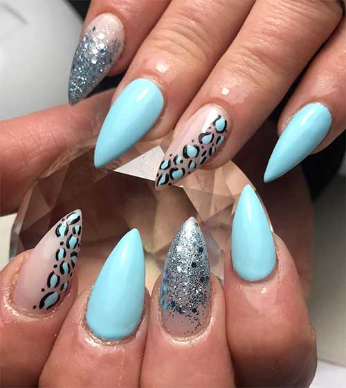 stiletto light blue nails with stiletto nails glitter tips, and accent blue acrylic nails leopard print