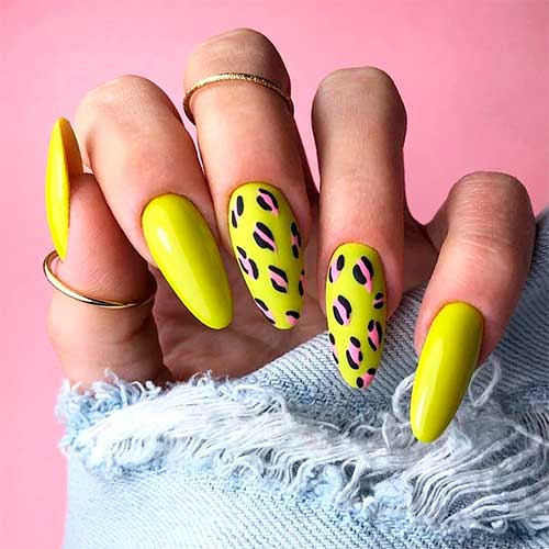summer yellow acrylic nails 2020 with two accent pink black leopard nails almond shaped design