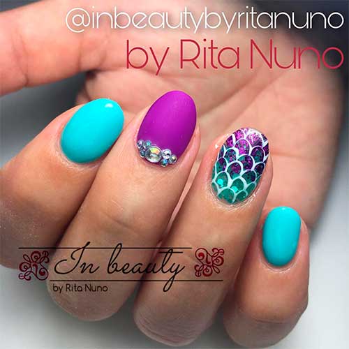 Amazing short round mermaid nails design - Little mermaid nails with rhinestones