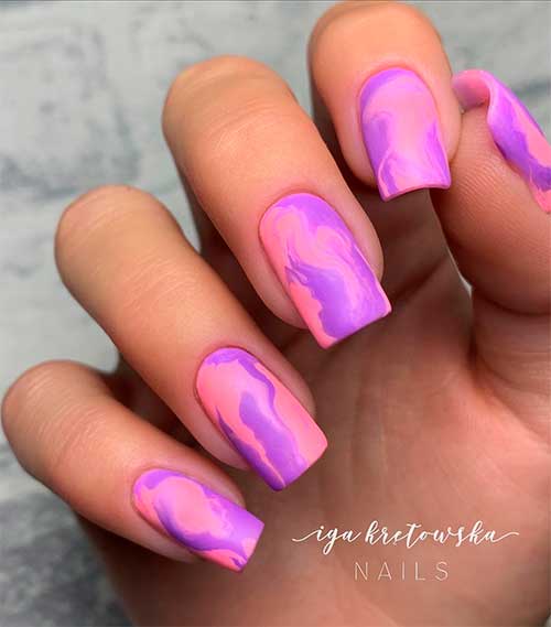 Cute Square shaped Purple and Pink Matte Marble Nails Design!