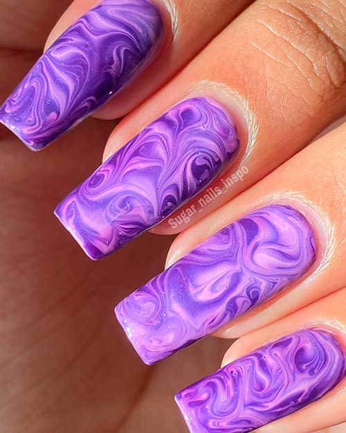 Cute long square shaped purple marble nails 2020 design!