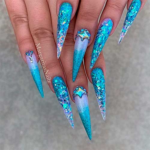 Cute long stiletto mermaid nails with glitter design - Glitter mermaid nails with rhinestones