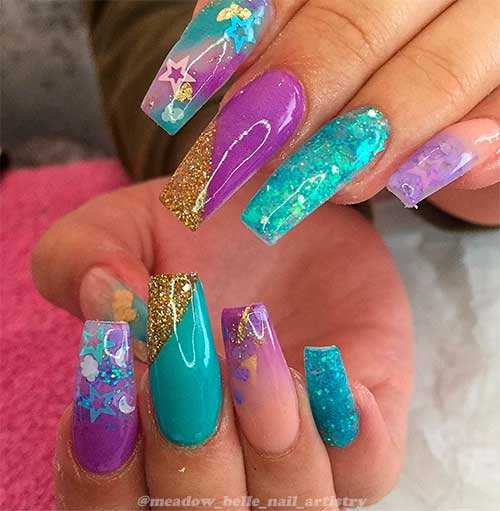 Cute mermaid coffin shaped nails design with glitter! Cute coffin shaped glitter mermaid nails design with glitter!