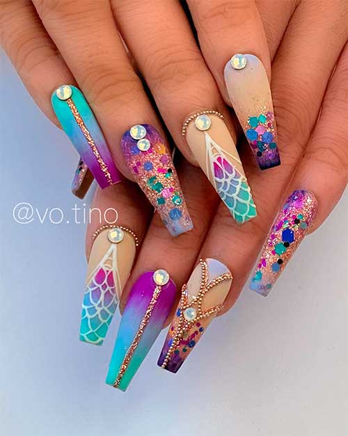 Cute mermaid coffin shaped press on nails design! - Glitter mermaid nails with Rhinestones