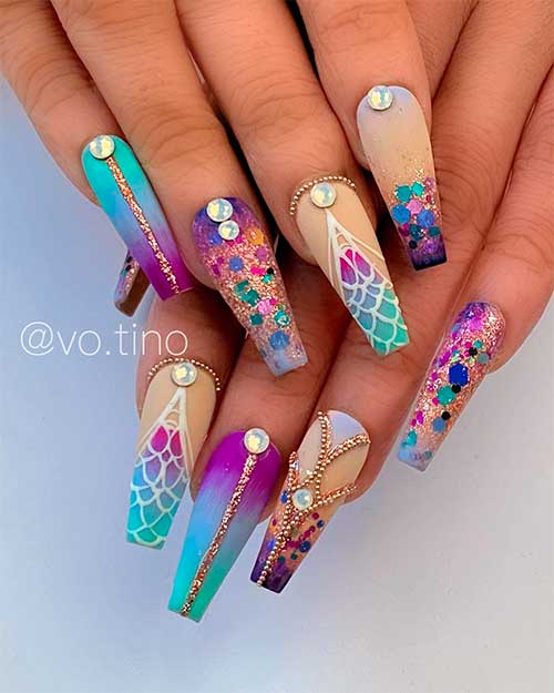 Cute mermaid nails coffin shaped press on nails design