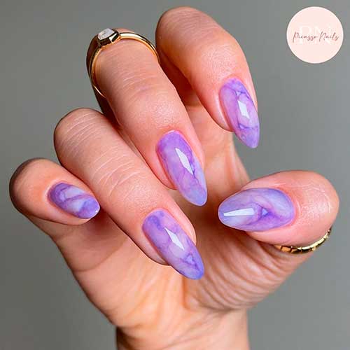 Long Round Shaped Gel Purple Marble Nails