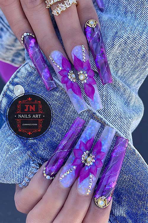 Long square-shaped classy purple marble nails 2023 with rhinestones and floral nail art