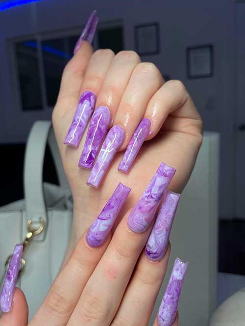 Long Marble Purple Nails for Classy Look