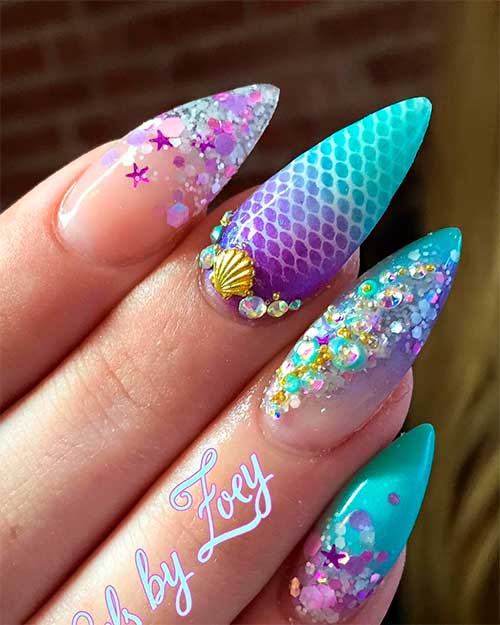 Stunning mermaid almond nails design with glitter for summer time! Stunning mermaid almond nails design with glitter for summer time! - Glitter mermaid nails with Rhinestones
