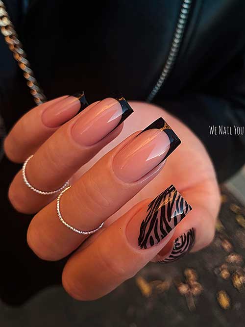 Black French Nails with Zebra Prints Black Modern French Nails with Zebra Prints on Two Accent Nails
