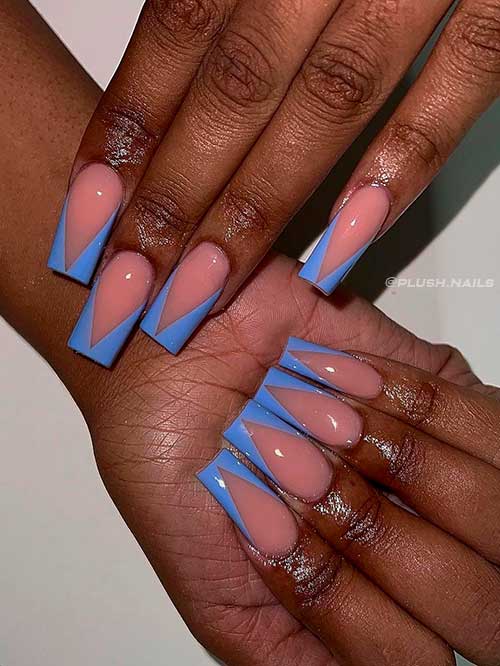 Blue V Cut French Nails Long Square Shaped Blue V Cut French Nails