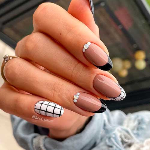 Classy French Tip Nails with rhinestones and Black Criss-cross Net Nail Art