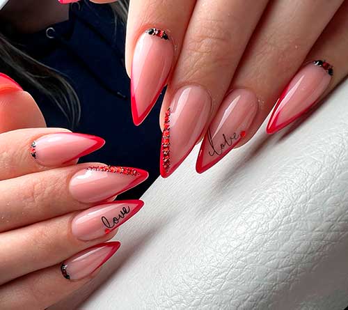 Classy Red V Tip Nails Classy Almond Shaped Valentine's Red V Tip Nails with Black and Red Rhinestones