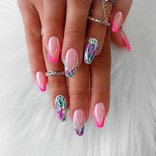 Cute V French tip coffin nails consist of V French tip pink and with two accent sparkle nails design! Cute V French tip coffin nails consist of V French tip pink and with two accent sparkle nails design!
