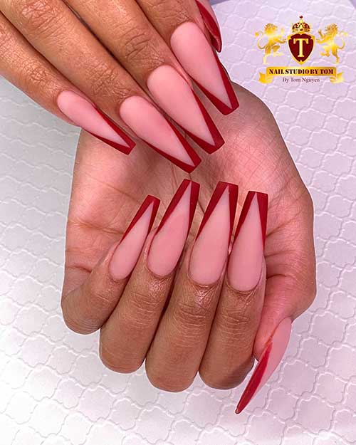 Cute V French tip coffin nails consist of matte V French tip red nails set!