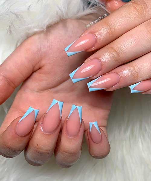 Cute baby blue V French tip coffin nails set!