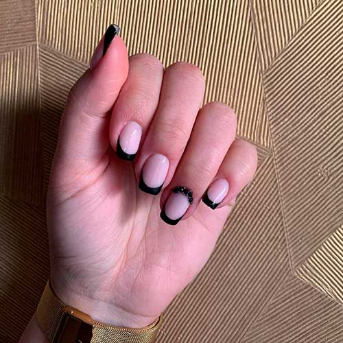 Cute black French tip nails with black rhinestones, this French nails rock and awesome French manicure nails choice!