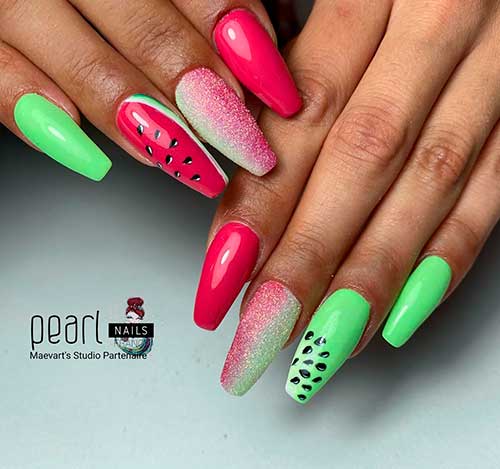 Cute coffin shaped fruit nails consist of watermelon nails with accent ombre glitter coffin nail! Cute coffin shaped fruit nails consist of watermelon nails with accent ombre glitter coffin nail!