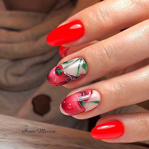 Cute fruit nails consist of apple fruit nail mixed with red nails! Cute fruit apple nails blended with red nails design that considered amazing fun summer nails choice!