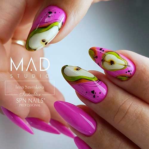 Cute fruit nails consists of almond shaped violet pear nails design!