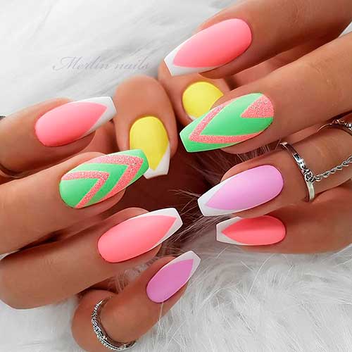 Cute colorful nails consists of matte colorful modern V French tip coffin nails design!