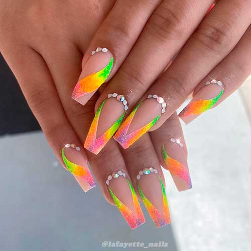 Cute ombre modern v French tip coffin nails with rhinestones!