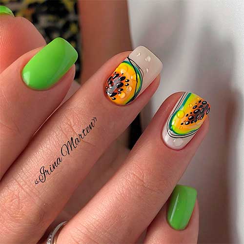 Cute short lime green nails with two accent Papaya themed fruit nails design for summer time! Cute short lime green nails with two accent Papaya themed fruit nails design for summer time!