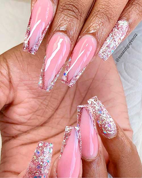 Cute sparkle nails consist of modern sparkle v French tip coffin nails with accent sparkle nail!