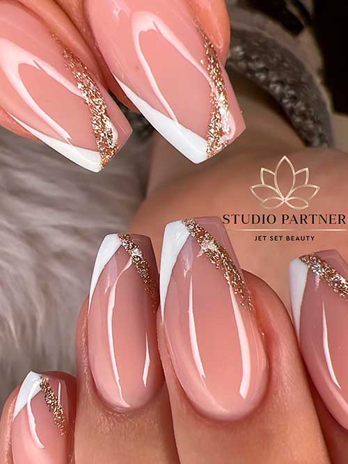 Coffin Earth Coloring V French Tip Nails 2022 with Gold Glitter
