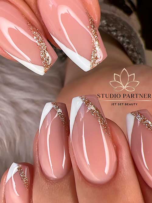 Earth Coloring V French Tip Nails Coffin Earth Coloring V French Tip Nails 2022 with Gold Glitter
