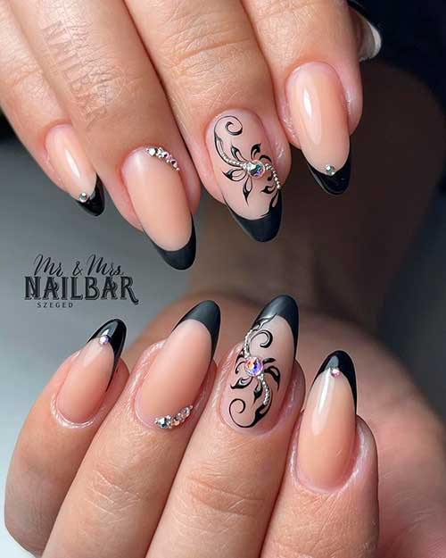 Elegant black French tip nails with rhinestones, this French nails worth wearing, I Love this French manicure nails set!