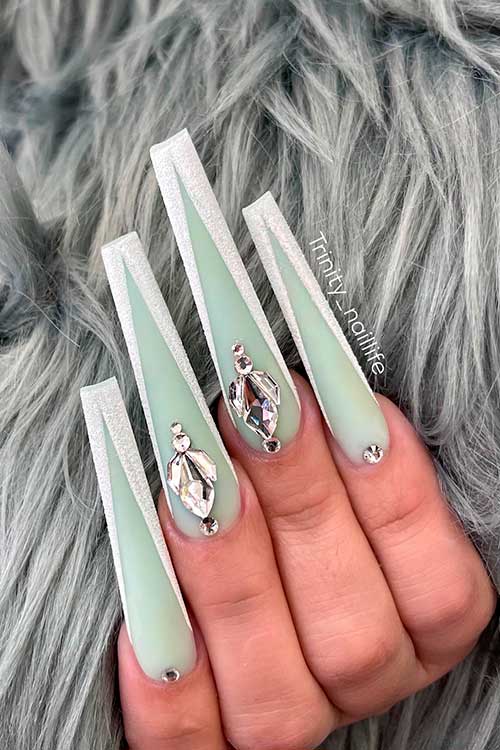 Extra Long Matte Pastel Mint Green V French Tip Coffin Nails with Rhinestones