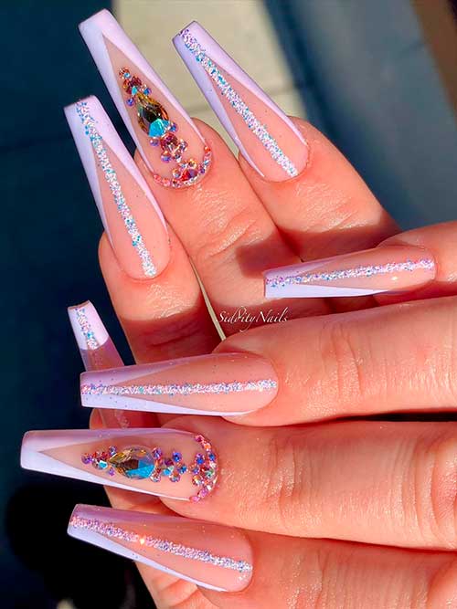 Long Coffin Fancy Lilac V Shape French Tip Nails Design with Rhinestones and Glitter Center lines