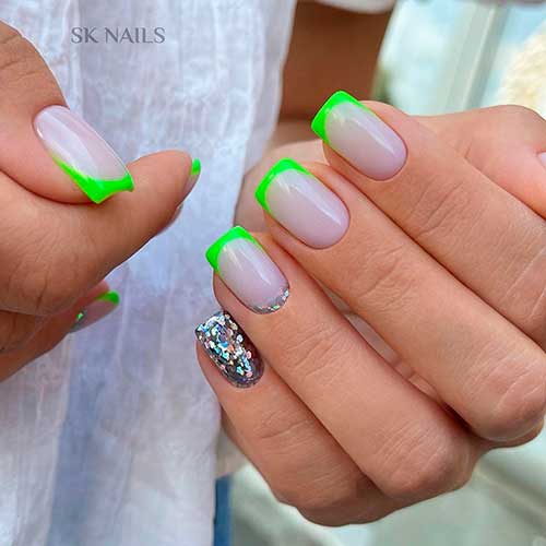 French Neon Green Nails with Glitter