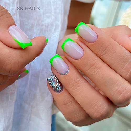 French Neon Green Nails with Glitter French Neon Green Nails with Glitter