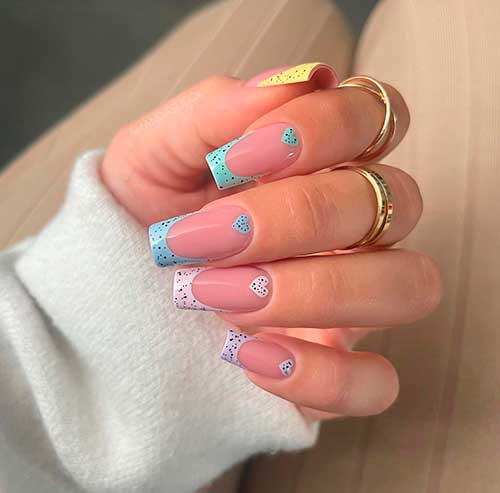 Gel Pastel Multicolor French Easter Egg Nails Tips with Small Heart Shapes