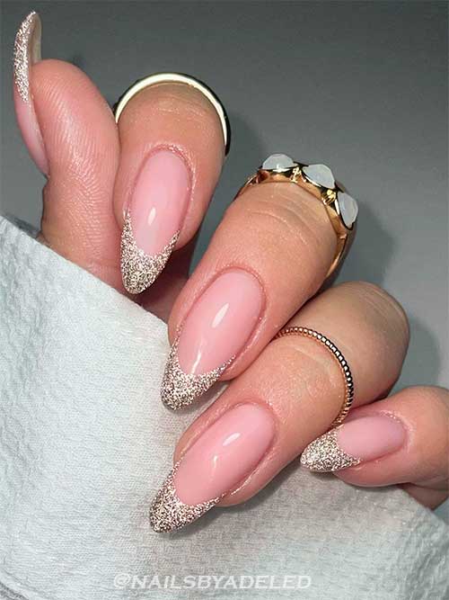 Gold Glitter French Tip Almond Nails
