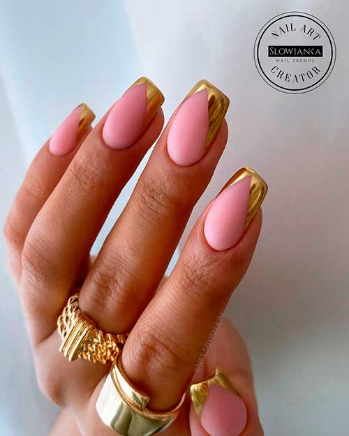 Gold Metallic V French Tip Nails