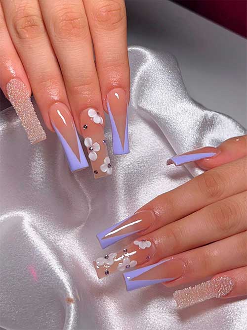 Lavender V French Nails with Flowers and Glitter Long Lavender V French Nails with Flowers and Glitter