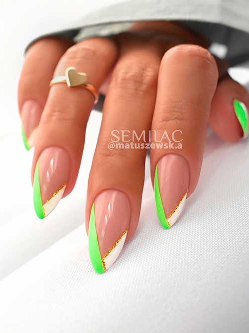 Light Green and White V Tip Nails with Gold Glitter Light Green and White V Tip Nails with Gold Glitter