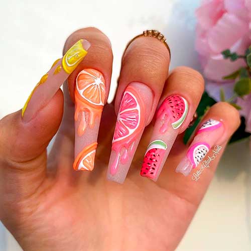 Long Coffin Citrus Nails Idea Cute Fruit Nails Consist of Long Coffin Citrus Nails with Watermelon Accent Nails