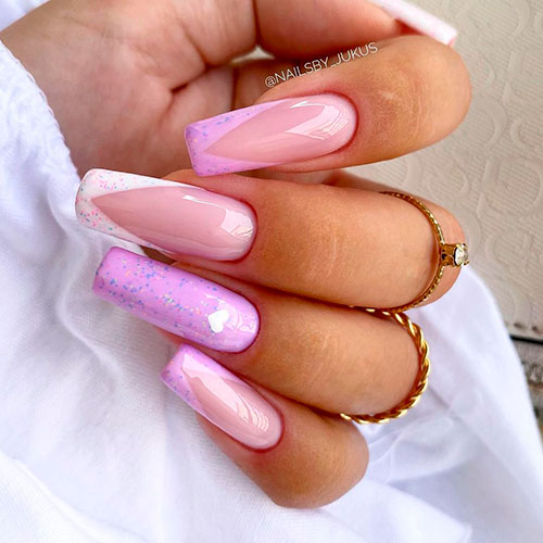 Long Glossy V French Tip Nails with Confetti Glitter Long Glossy white and purple V French Tip Nails 2021 with Confetti Glitter
