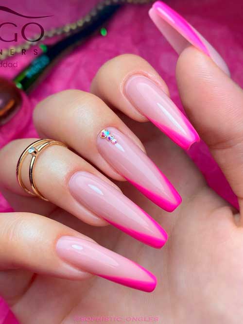 Long Pink V Tip Coffin Nails 2023 with Rhinestones on an Accent Nail