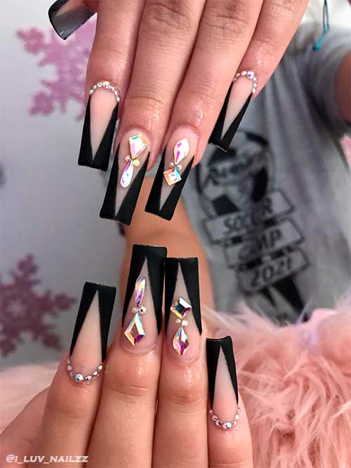 Matte Black V Tip Nails With Rhinestones Long Square Matte Black V Tip Nails With Rhinestones
