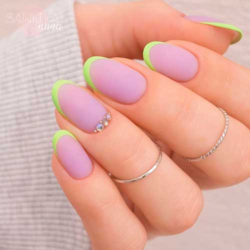 Matte Lilac French Manicure with Neon Yellow Tips and Rhinestones on Accent Nail