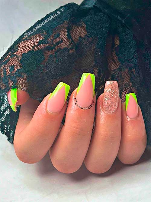 Neon Green V French Tip Nails With Glitter Accent