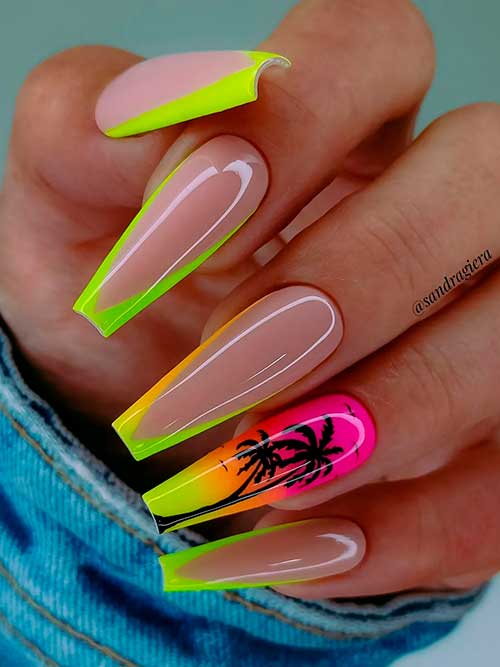 Neon V French Tip Coffin Nails Neon Lime Green V French Tip Coffin Nails with An Ombre Palm Nail for Summer 2022