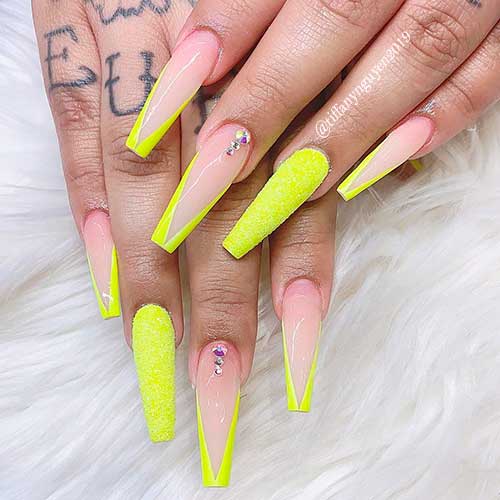 Neon Yellow V French Tip Nails 2021